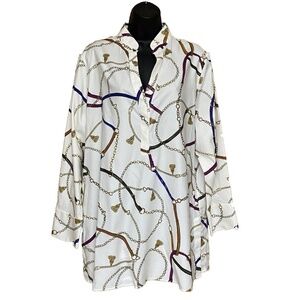 Chicos Size 3.5 US 18 No Iron Stretch Tunic Cream Multicolor Print Chain Tassel